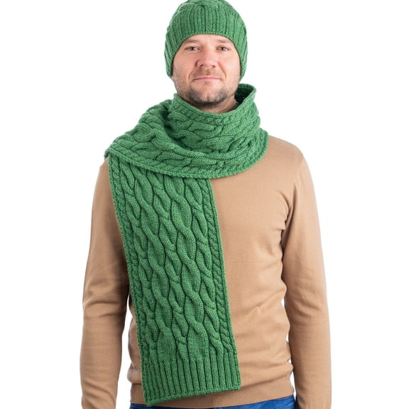 SAOL Irish Cable Knitted Scarf 100% Merino Wool Aran Knitwear for Men 72" x 9" | Green