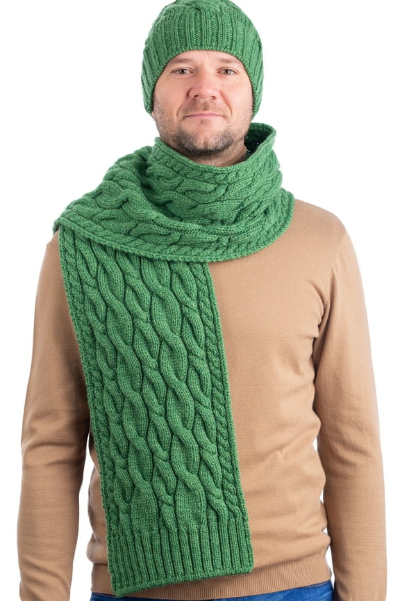 Irish Cable Knitted Scarf 100% Merino Wool Aran Knitwear for Men 72" x 9" | Green