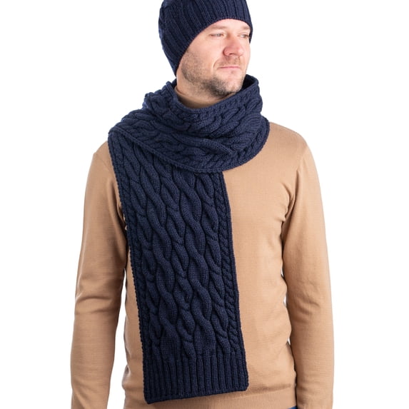 SAOL Irish Cable Knitted Warm Scarf 100% Premium Soft Merino Wool Men`s Aran Knitwear from Ireland
