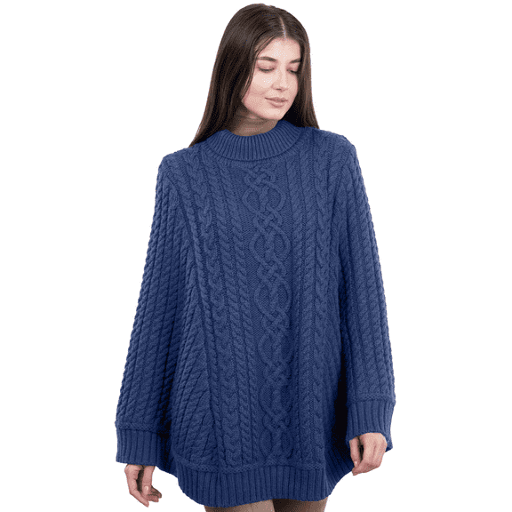 SAOL Irish Cape 100% Merino Wool Cable Knit Women's Aran Turtleneck Poncho Sweater Made in Ireland