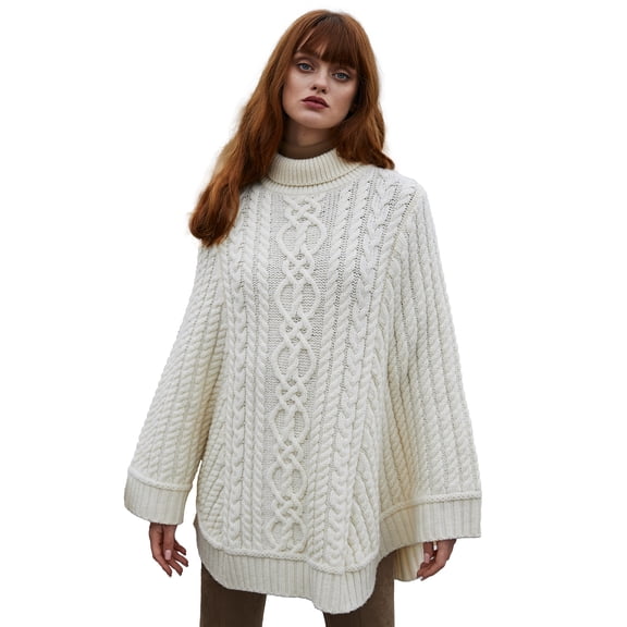 SAOL Irish Cape 100% Merino Wool Cable Knit Women's Aran Turtleneck Poncho Sweater Made in Ireland
