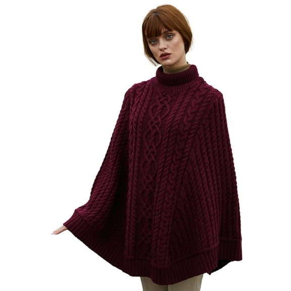 SAOL Irish Cape 100% Merino Wool Cable Knit Women's Aran Turtleneck Poncho Sweater Made in Ireland