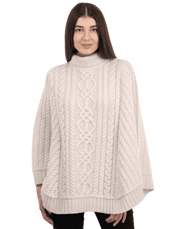 Irish Cape 100% Merino Wool Cable Knit Women's Aran Turtleneck Poncho Sweater Made in Ireland