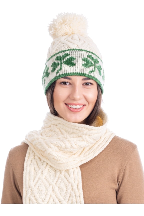 Irish Shamrock Cable Knitted Pom Pom Hat 100% Merino Wool Women's Aran Cap Made in Ireland