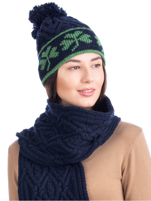 Irish Shamrock Cable Knitted Pom Pom Hat 100% Merino Wool Women's Aran Cap Made in Ireland