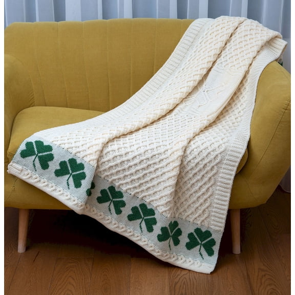 SAOL Irish Shamrocks Aran Throw Blanket 100% Merino Wool Honeycomb Knitted Pattern 60'' x 40'' Made in Ireland