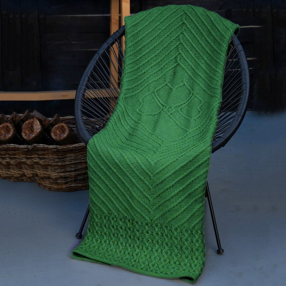 SAOL Irish Throw with Shamrock 100% Premium Merino Wool Aran Cable Knitted Green Blanket Cover 68" x 48" from Ireland