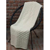 SAOL Irish Throw with Shamrock 100% Premium Merino Wool Aran Cable Knitted White Blanket Cover 68" x 48" from Ireland