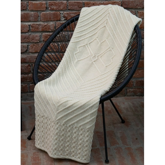 SAOL Irish Throw with Shamrock 100% Premium Merino Wool Aran Cable Knitted White Blanket Cover 68" x 48" from Ireland