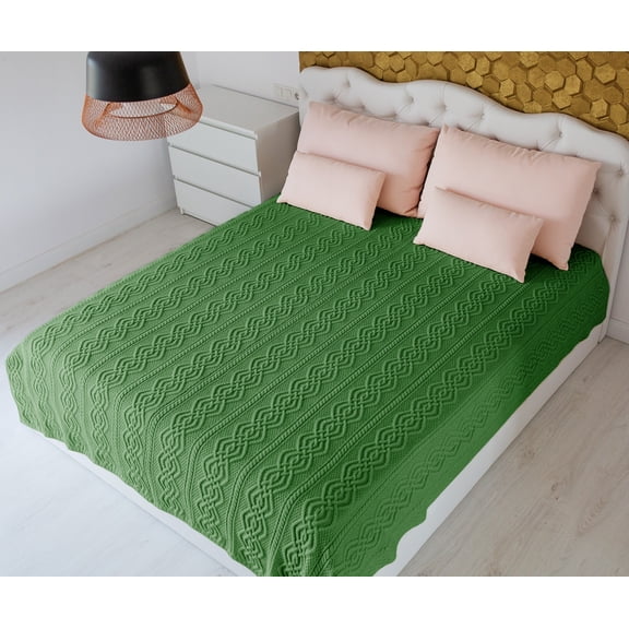 SAOL King Size Bed Irish Aran Throw Blanket 100% Super Soft Merino Wool 92x78 InchesGreen