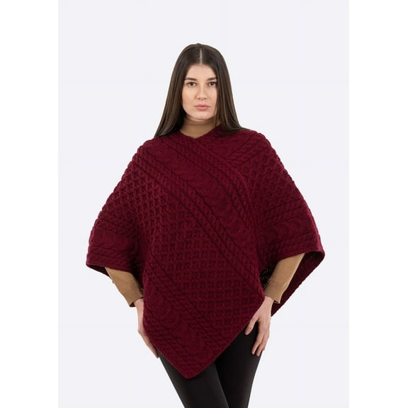 SAOL Ladies Irish Aran Cable Knit Poncho - 100% Merino Wool Made in Ireland