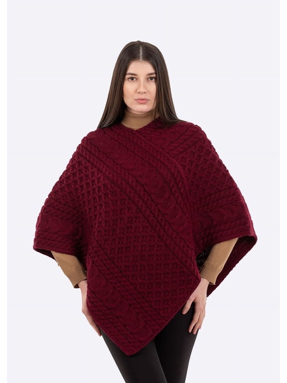 Ladies Irish Aran Cable Knit Poncho - 100% Merino Wool Made in Ireland