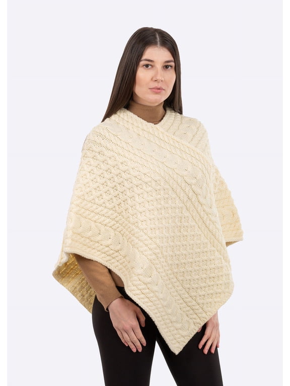 Ladies Irish Aran Cable Knit Poncho - 100% Merino Wool Made in Ireland