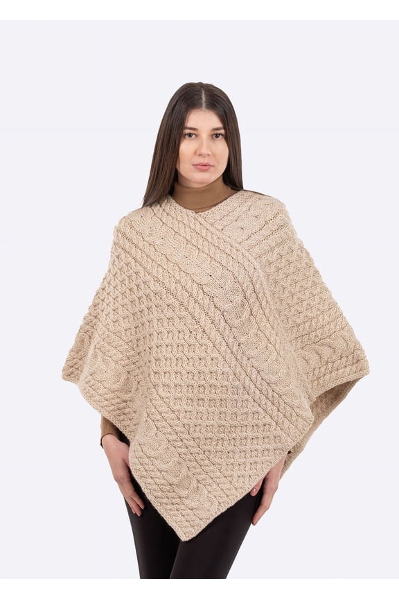 Ladies Irish Aran Cable Knit Poncho - 100% Merino Wool Made in Ireland