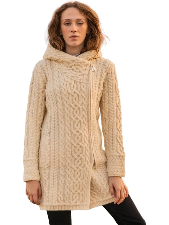 Ladies Irish Aran Zip Cardigan - 100% Merino Wool Coat with Pockets and Hood, Made in Ireland