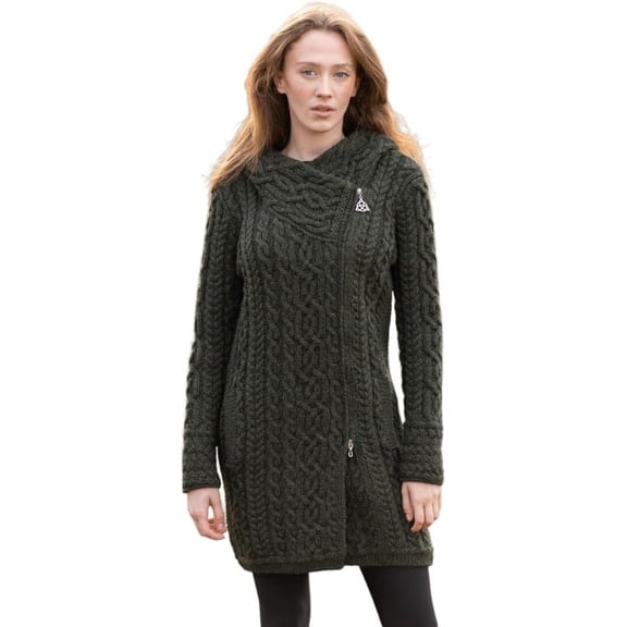 SAOL Ladies Irish Aran Zip Cardigan - 100% Merino Wool Coat with Pockets and Hood, Made in Ireland