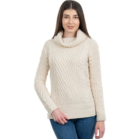 SAOL Ladies Turtleneck Ribbed Irish Cable Knit Wool Sweater