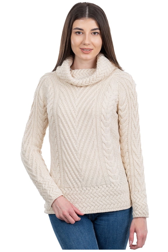 Ladies Turtleneck Ribbed Irish Cable Knit Wool Sweater