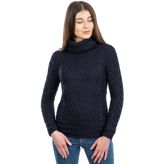 SAOL Ladies Turtleneck Ribbed Irish Cable Knit Wool Sweater