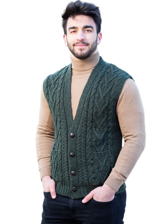 Men's 100% Merino Wool Sweater Vest Aran Irish V-Neck Cable Knit Sleeveless Cardigan with Buttons and Pockets