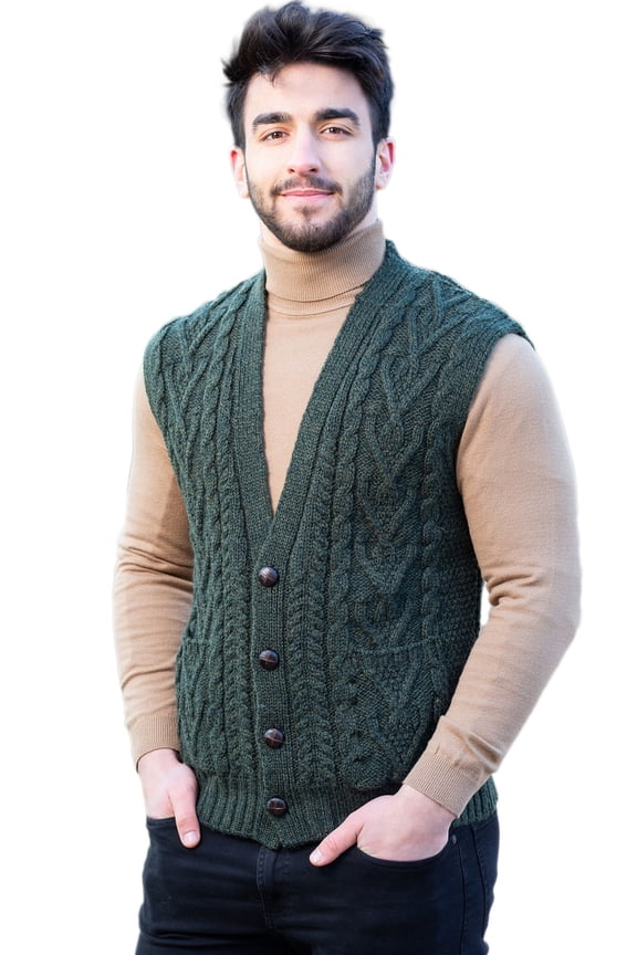 Men's 100% Merino Wool Sweater Vest Aran Irish V-Neck Cable Knit Sleeveless Cardigan with Buttons and Pockets