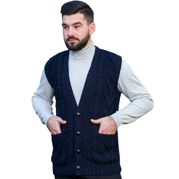 SAOL Men's 100% Merino Wool Sweater Vest Aran Irish V-Neck Cable Knit Sleeveless Cardigan with Buttons and Pockets