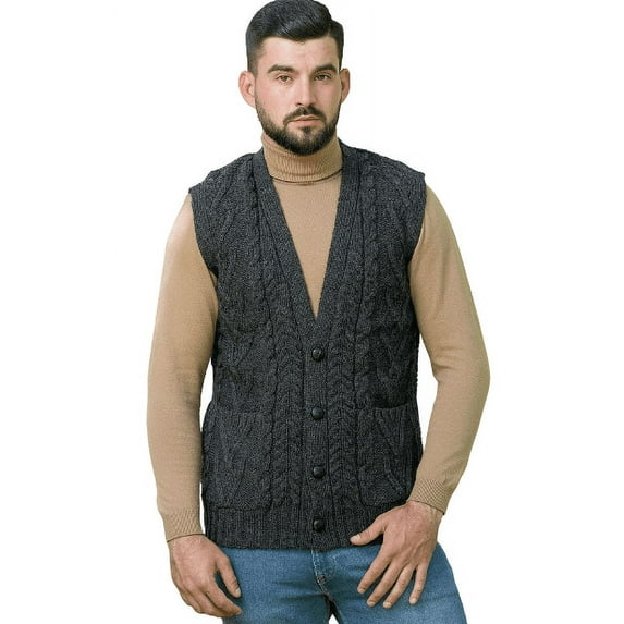 SAOL Men's 100% Merino Wool Sweater Vest Aran Irish V-Neck Cable Knit Sleeveless Cardigan with Buttons and Pockets