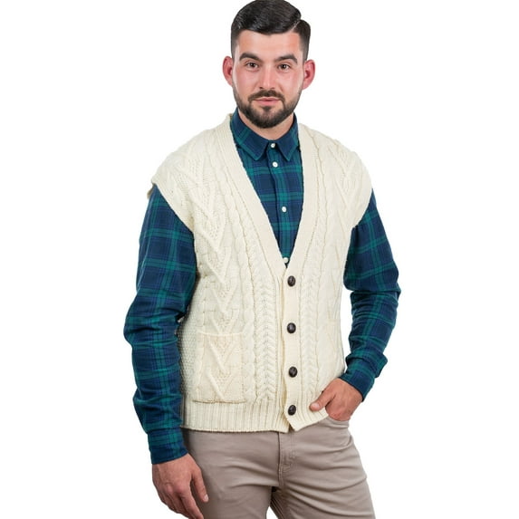 SAOL Men's 100% Merino Wool Sweater Vest Aran Irish V-Neck Cable Knit Sleeveless Cardigan with Buttons and Pockets