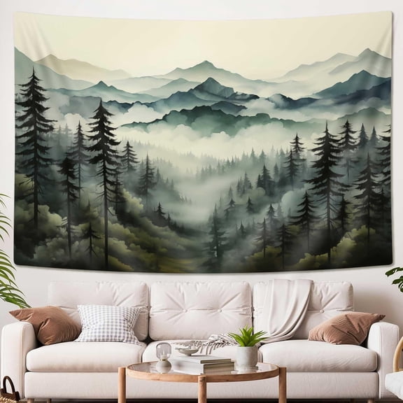 SAOLUIS Misty Forest Tapestry, Forest Tapestry Wall Hanging Mountain Nature Wall Tapestries, Green Trees Art Decor for Dorm Bedroom Living Room Home Decor 60X40 Inch