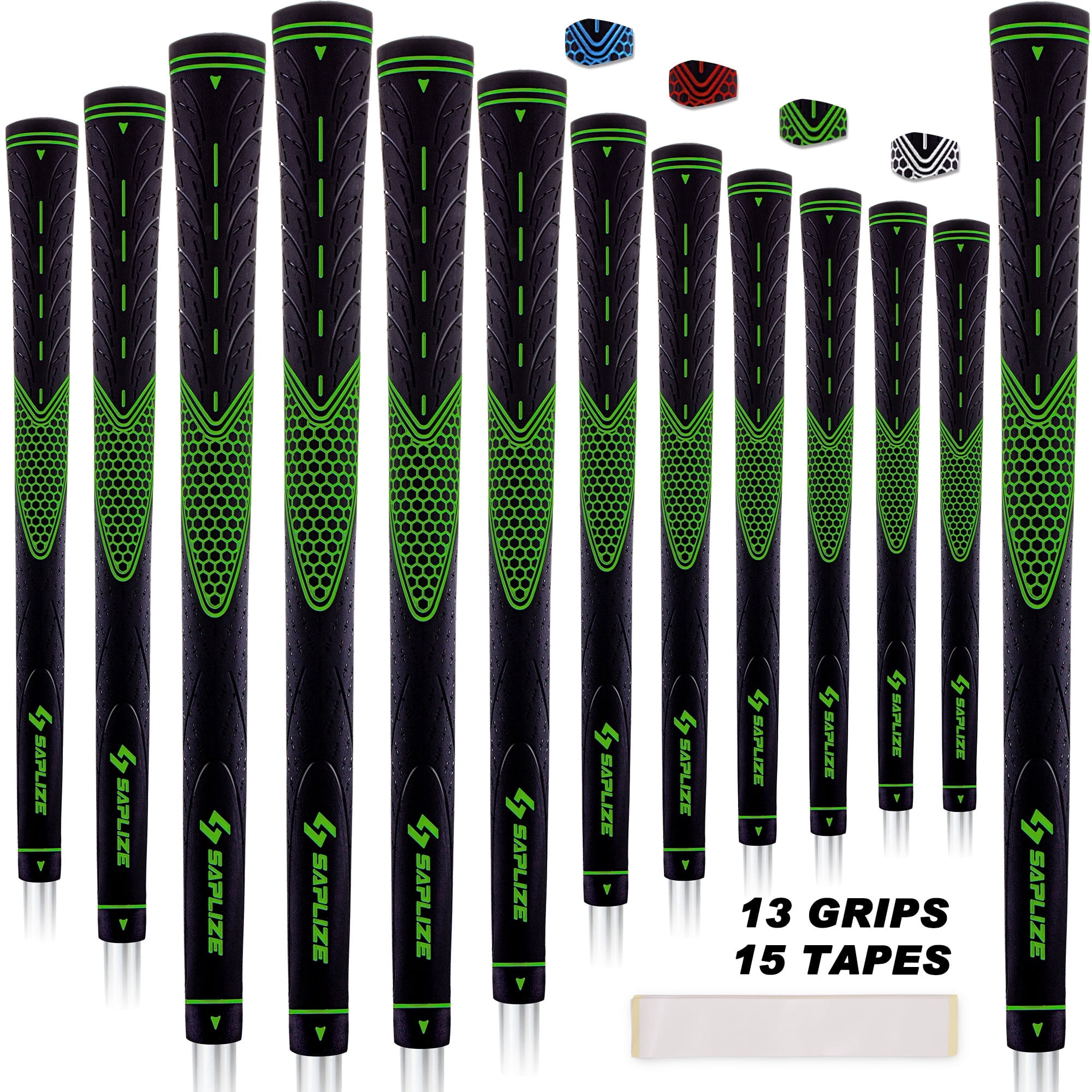 SAPLIZE 13 Green Midsize Golf Grips with 15 Tapes,Non-slip Rubber Golf Club Grips