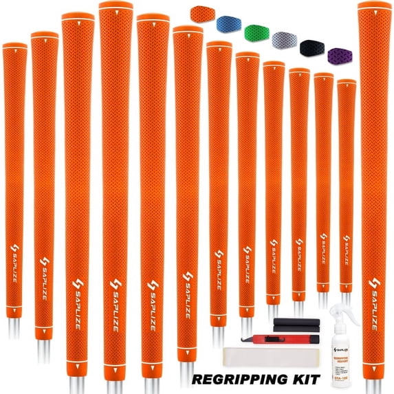 SAPLIZE Rubber Golf Grips, 13 Grips with Complete Regripping Kit, Standard Size, Golf Club Grip, Orange