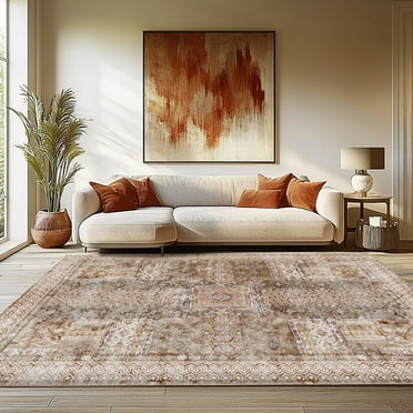 SARAG 4'x6' Living Room Rug, Brown Washable Carpets, Indoor Area Rug for Bedroom Dining Room Office Non-Slip Carpet