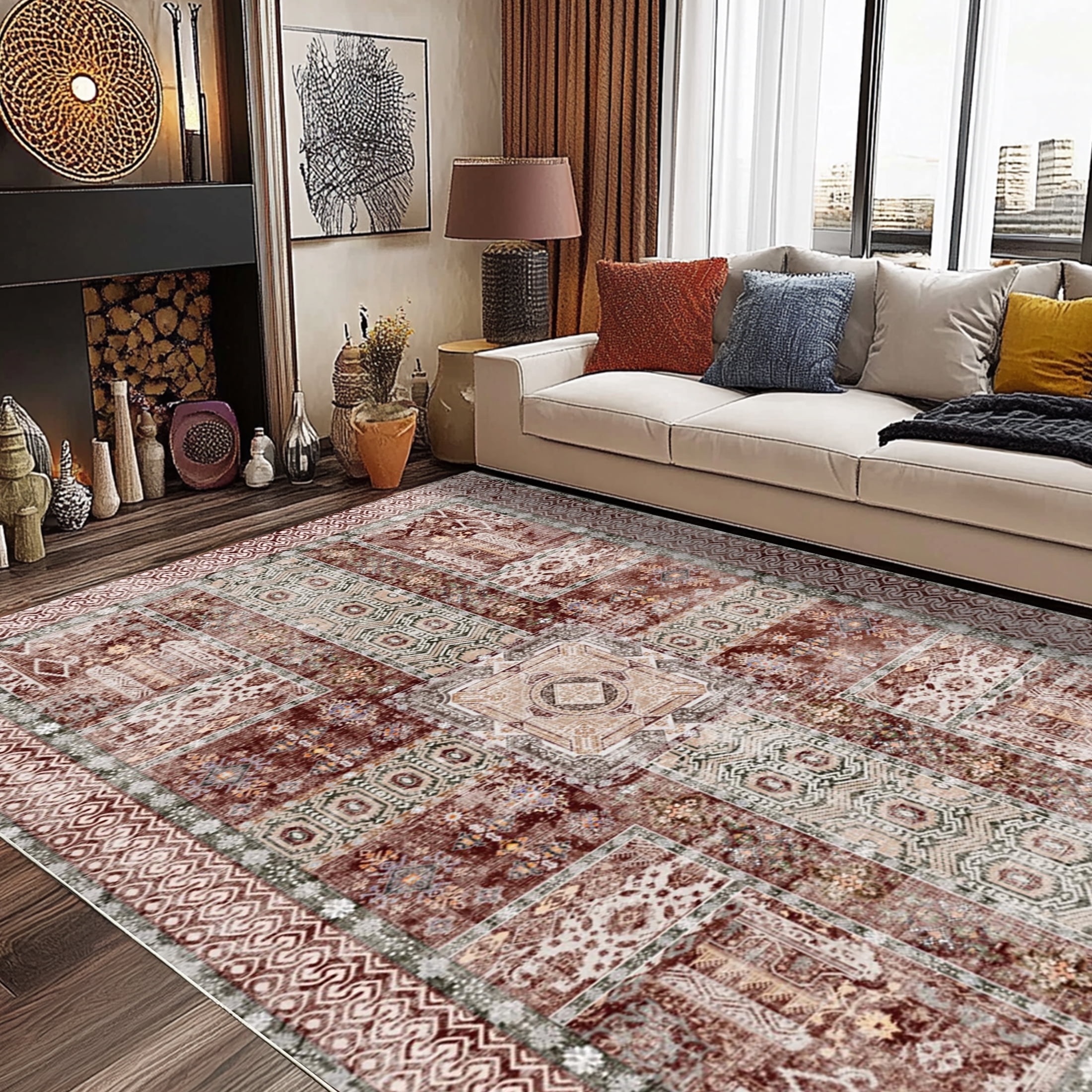 SARAG 4'x6' Living Room Rug, Soft Neutral Geometric Bohemian Carpet