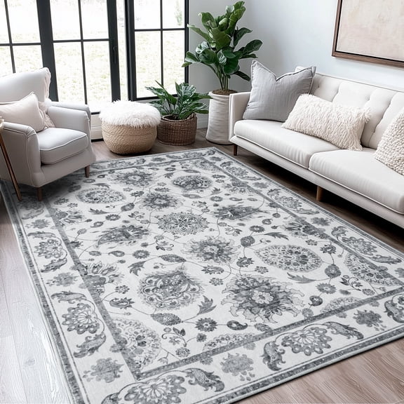 SARAG 4'x6' Living Room Washable Rugs, Soft Modern Floral Square Carpet for Bedroom Dining Room, Foldable Non-Slip Home Decor Rugs, Gray