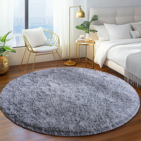 SARAG 5'x5' Round Rugs for Bedroom,Fluffy Rugs for Living Room Kids Room,Home Decor Shaggy Carpet Fuzzy Plush Rug for Nursery Room,Light Gray