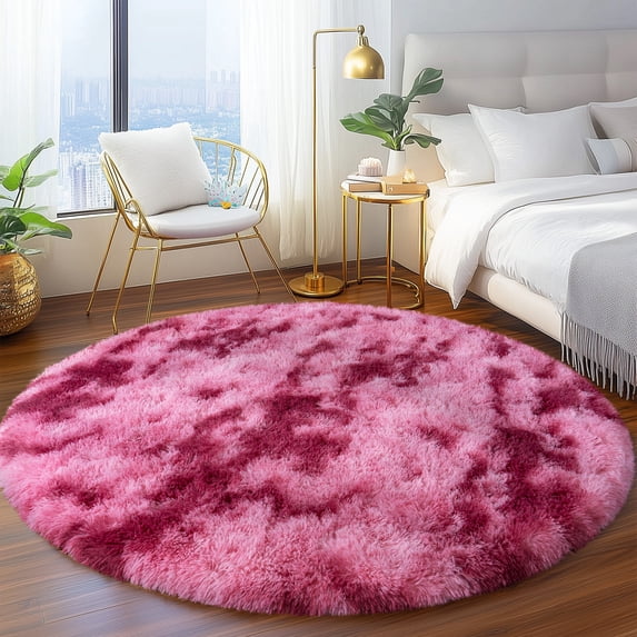 SARAG 5x5ft Round Area Rug for Bedroom,Super Soft Circle Rug,Fluffy Rugs for Living Room Kids Room,Tie-Dye Dark Red