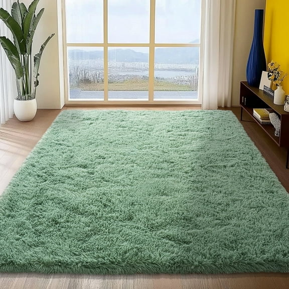 SARAG 5x7 Fluffy Shaggy Rug,Soft High Pile Anti-Slip Carpet for Bedroom Dining Room Kids Room,Mint Green