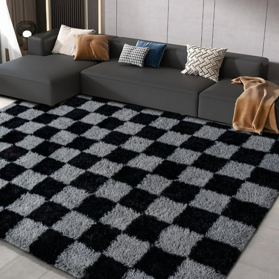 SARAG 5x7ft Black And Gray Area Rugs, Modern Checkerboard Rug For Living Room Bedroom, Thickened Memory-Foam Area Rug For Kids Nursery Dorm, Home Decor, Anti-Slip And Easy To Clean