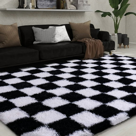SARAG 5x7ft Sage Black And White Checkered Rug, Fluffy Plaid Area Rug For Bedroom Living Room, Soft Shag Shaggy Carpet For Girls Room, Nursery Dorm, Non-Slip, High Pile
