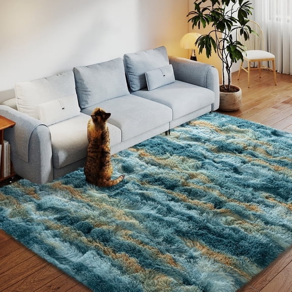 SARAG 6x9 Area Rugs Abstract Blue And Yellow Plush Fuzzy Rugs For Living Room, Ultra Soft Fluffy Furry Rug For Bedroom, Non-Slip Thickened Indoor Carpet Nursery Rugs For Kids Room Home Decor