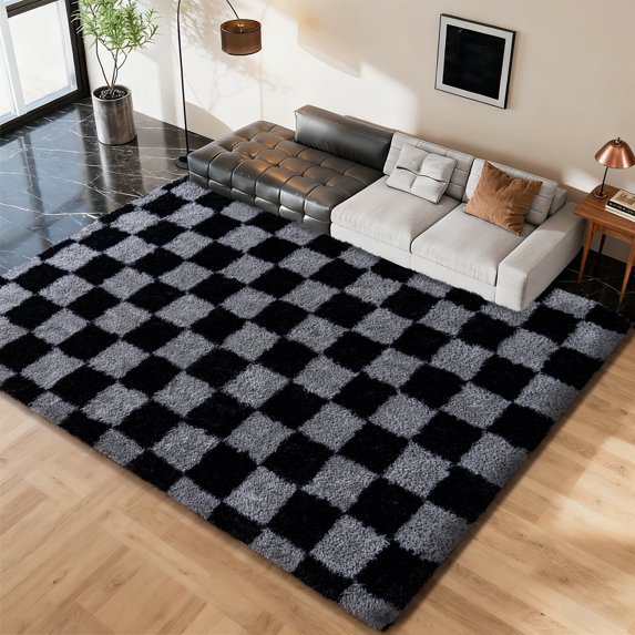 SARAG 6x9ft Black And Gray Area Rugs, Modern Checkerboard Rug For Living Room Bedroom, Thickened Memory-Foam Area Rug For Kids Nursery Dorm, Home Decor, Anti-Slip And Easy To Clean