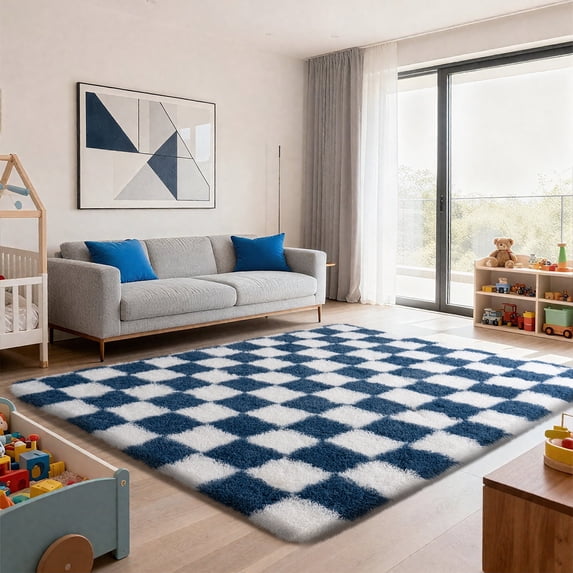 SARAG 6x9ft Sage White Sand Green Checkered Rug, Big Fluffy Plaid Area Rugs For Bedroom Living Room, Modren Indoor Rug For Kids Girls Room, Nursery Dorm, Non-Slip, High Pile
