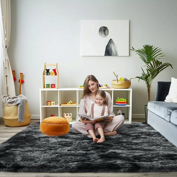 SARAG 8'x10'large Area Rugs,Soft Shaggy Rug for Living Room Nursery Indoor Plush Floor Carpet,Tie-dye Black and Gray