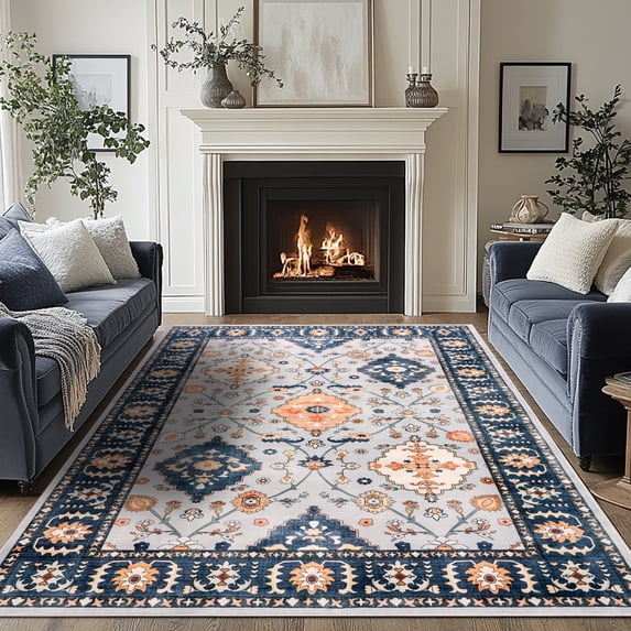 SARAG 8x10 Living Room Vintage Large Rugs, Non-Slip Machine Washable Oriental Indoor Area Rugs, Low Pile Carpet for Bedroom Living Room Indoor Home Decor