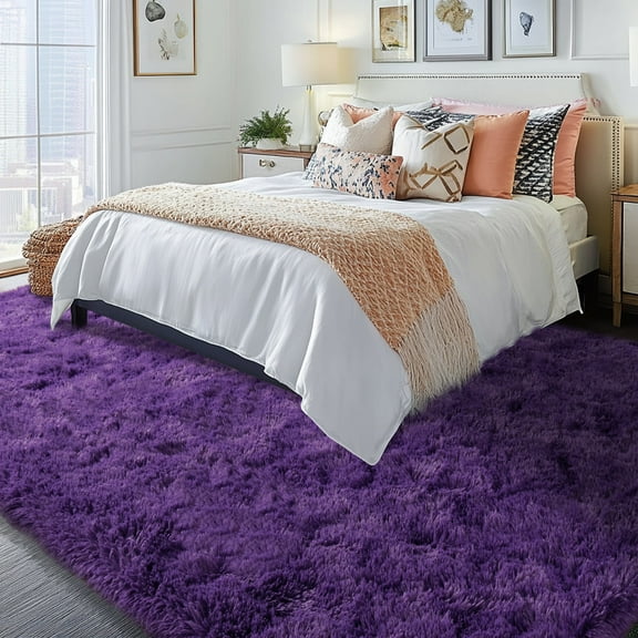 SARAG 8x10 Modern Plush Fluffy Rug, Soft Shaggy Carpet for Living Room, Washable Area Rugs for Bedroom Nursey Big Carpet Dark Purple