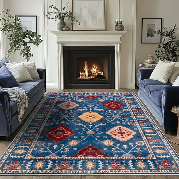 SARAG 8x10 Oriental Vintage Living Room Rug, Bohemian Style Non-Slip Washable Bedroom Large Carpet, Indoor Rug, Vintage Blue