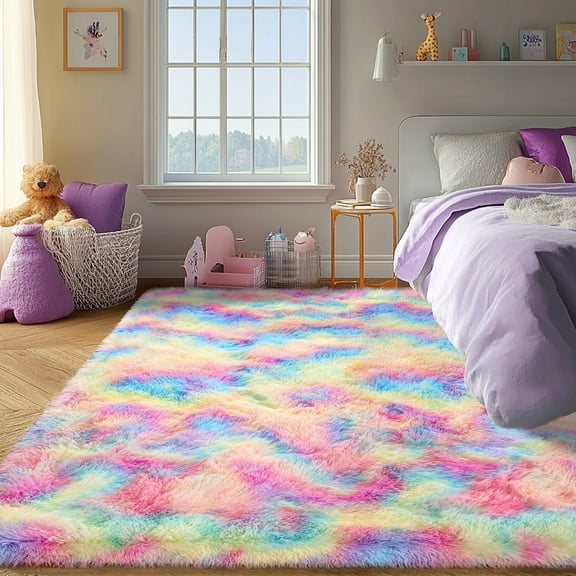 SARAG 9x12ft Shaggy Area Rugs for Bedroom Living Room, Fluffy Carpet Plush Decorative Rug for Indoor Home Floor Carpet,Tie-Dye Rainbow