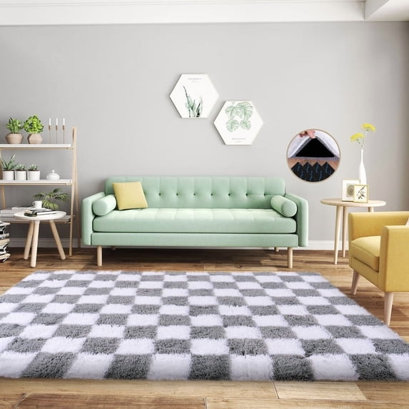 SARAG Checkerboard Carpet Area Rugs For Living Room White And Light Gray 5x7ft Area Rug Modern Non-Slip Shag Carpets For Boys Girls Nursery Home Aesthetic Decor