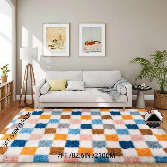 SARAG Checkered Rug 5x7ft For Living Room, Multicolor Modern Shag Rug Super Soft Washable Indoor Fuzzy Carpet Non-Slip Fluffy Rugs For Bedroom Home Aesthetic Decor