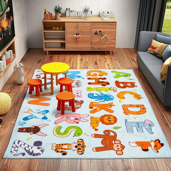 SARAG Children's Play Rug Animal Large Rug ABC Educational Rug, Alphabet Educational Children's Area Rug for Playroom, Bedroom, Nursery, 7'X9', Blue